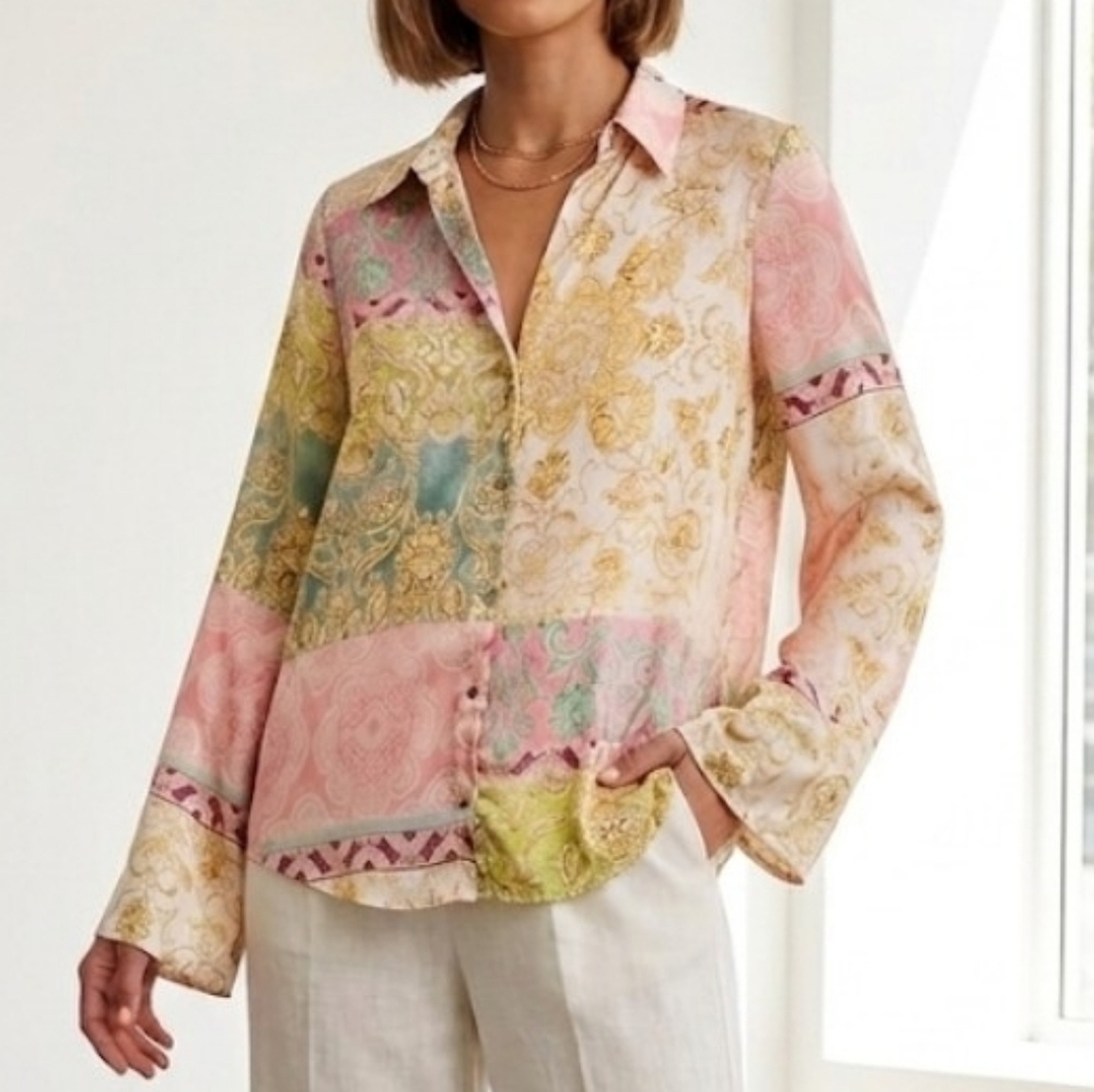Zara Patchwork Print Satin Effect Blouse Boho Baroque Pastel Pink Size S
